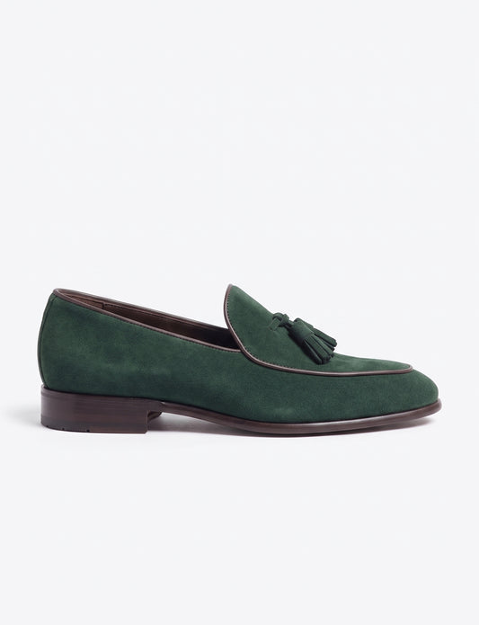 Aurelio Handcrafted Emerald Green Suede Tassel Loafers for Men