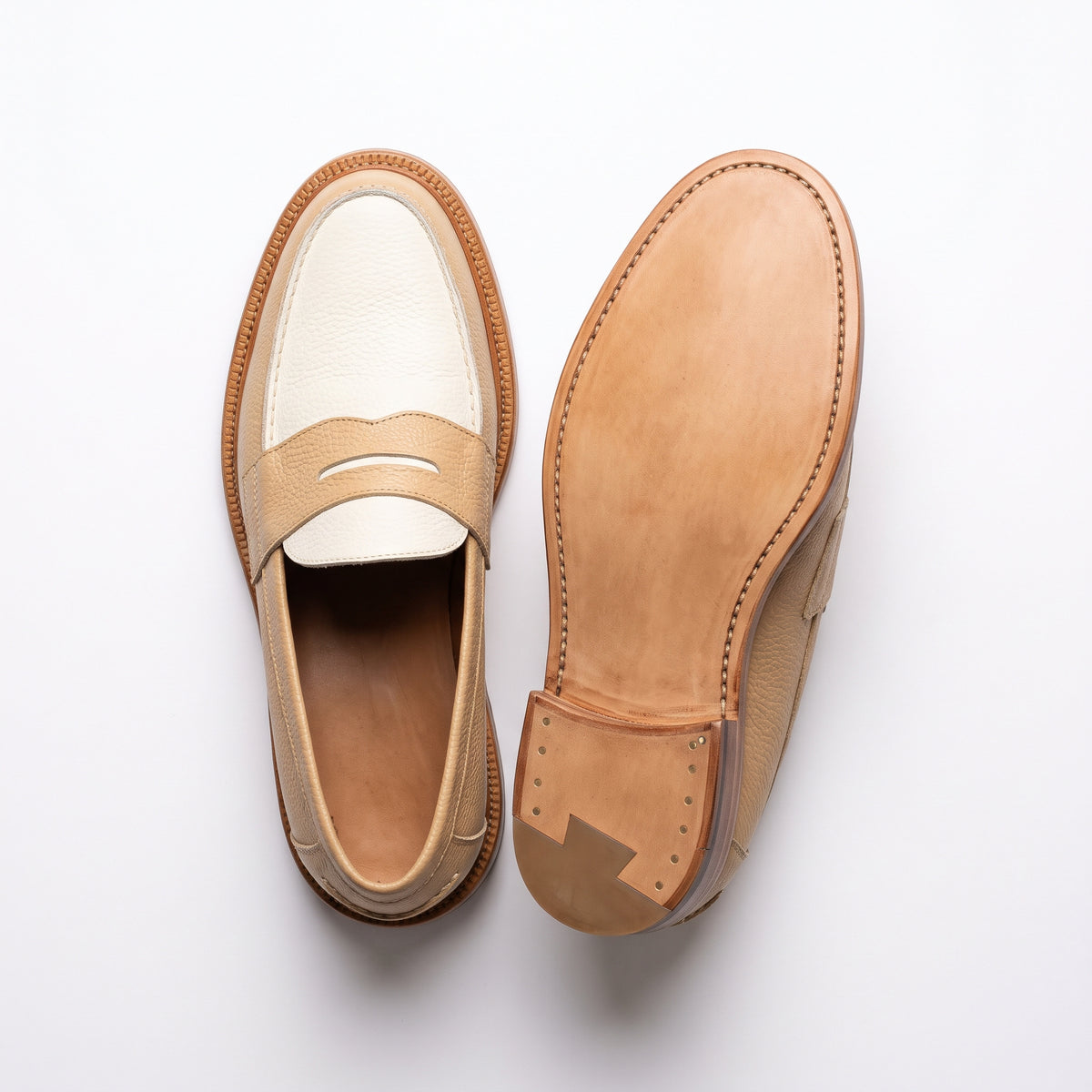 Aurelio Men's Beige and White Pebbled Leather Penny Loafers