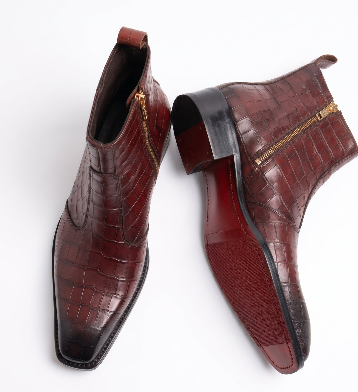 Aurelio Men's Burgundy Crocodile Leather Cuban Heel Dress Boots