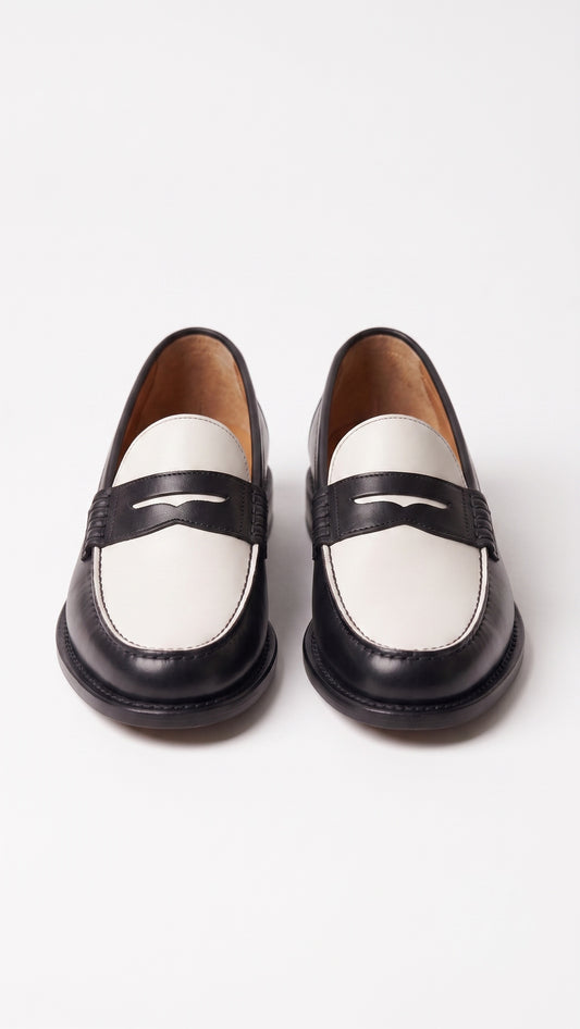 The Venice Two-Tone Penny Loafers in Noir Black & Ivory