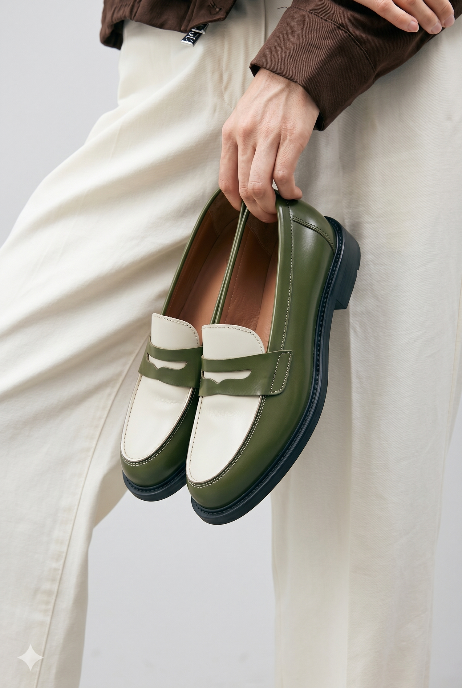 Aurelio Men Hanfmade Venice Two-Tone Penny Loafers in Olive Green & Alabaster