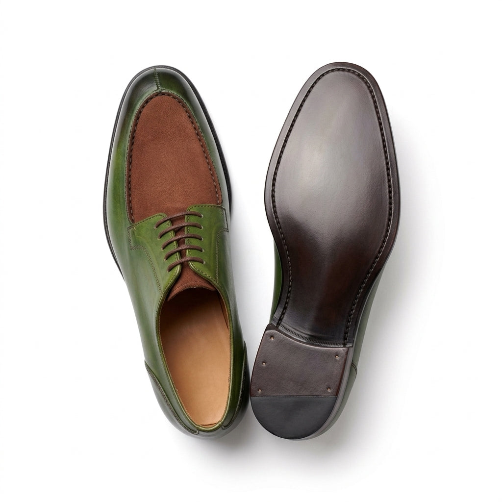 Aurelio Handcrafted Two-Tone Leather & Suede Split-Toe Derby | Men’s Luxury Green & Brown Dress Shoe