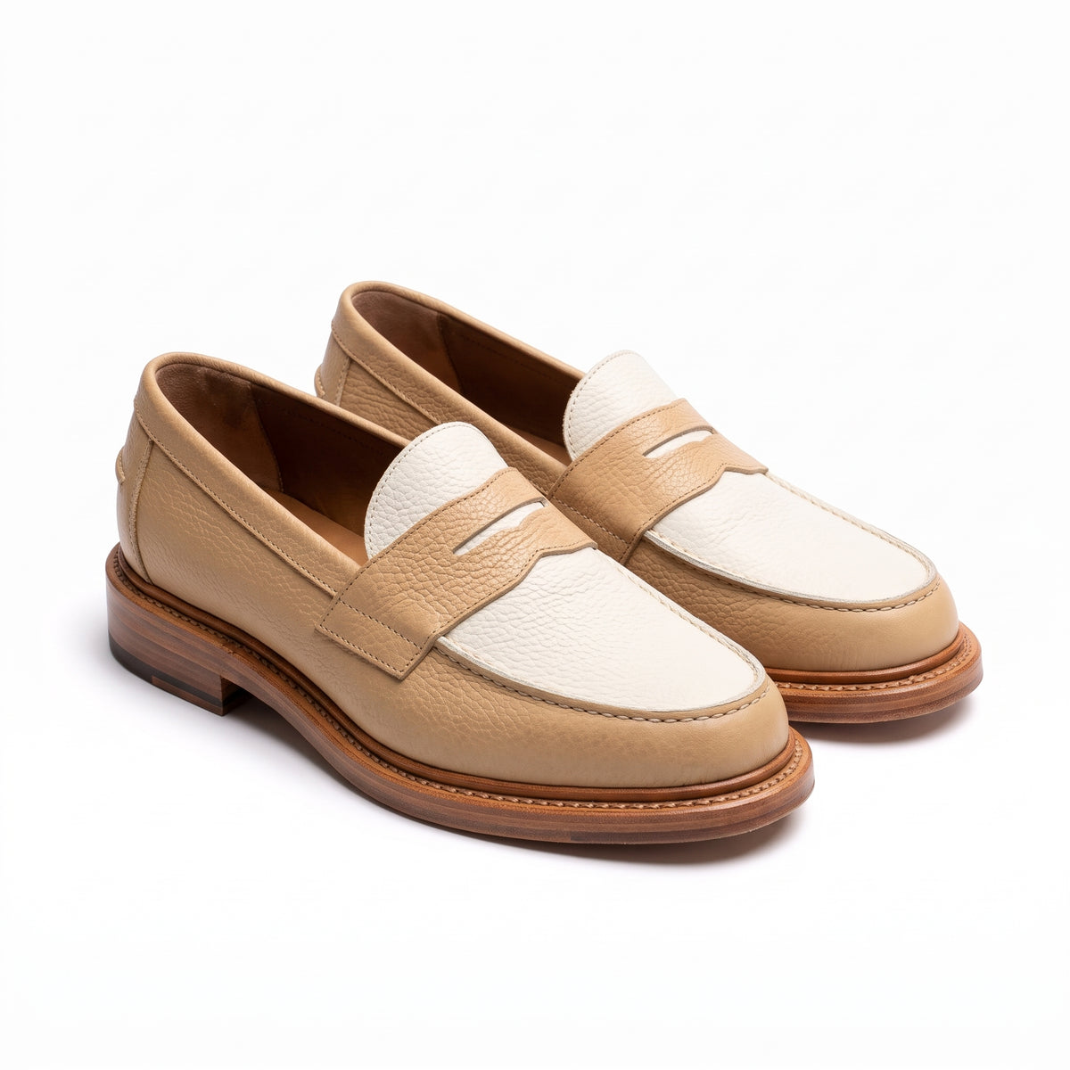 Aurelio Men's Beige and White Pebbled Leather Penny Loafers