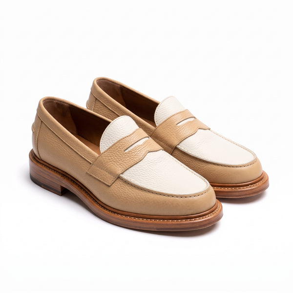 Aurelio Men's Beige and White Pebbled Leather Penny Loafers