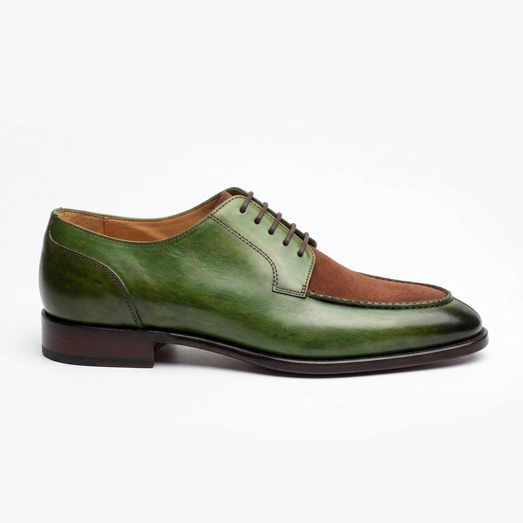 Aurelio Handcrafted Two-Tone Leather & Suede Split-Toe Derby | Men’s Luxury Green & Brown Dress Shoe