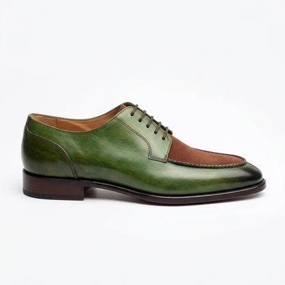 Aurelio Handcrafted Two-Tone Leather & Suede Split-Toe Derby | Men’s Luxury Green & Brown Dress Shoe