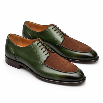 Aurelio Handcrafted Two-Tone Leather & Suede Split-Toe Derby | Men’s Luxury Green & Brown Dress Shoe
