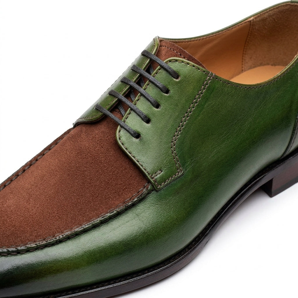 Aurelio Handcrafted Two-Tone Leather & Suede Split-Toe Derby | Men’s Luxury Green & Brown Dress Shoe