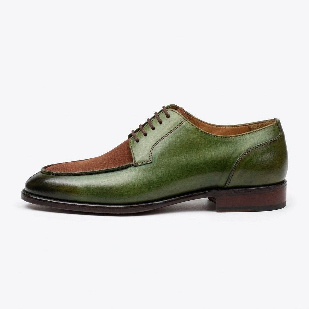 Aurelio Handcrafted Two-Tone Leather & Suede Split-Toe Derby | Men’s Luxury Green & Brown Dress Shoe