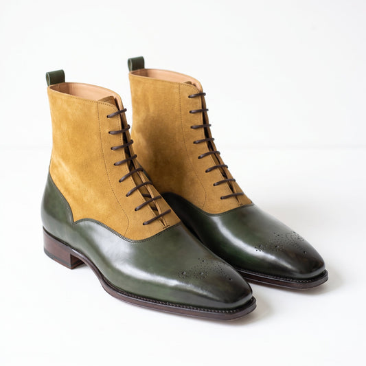 Aurelio Men’s Olive Green Calfskin Leather & Suede Balmoral Dress Boots