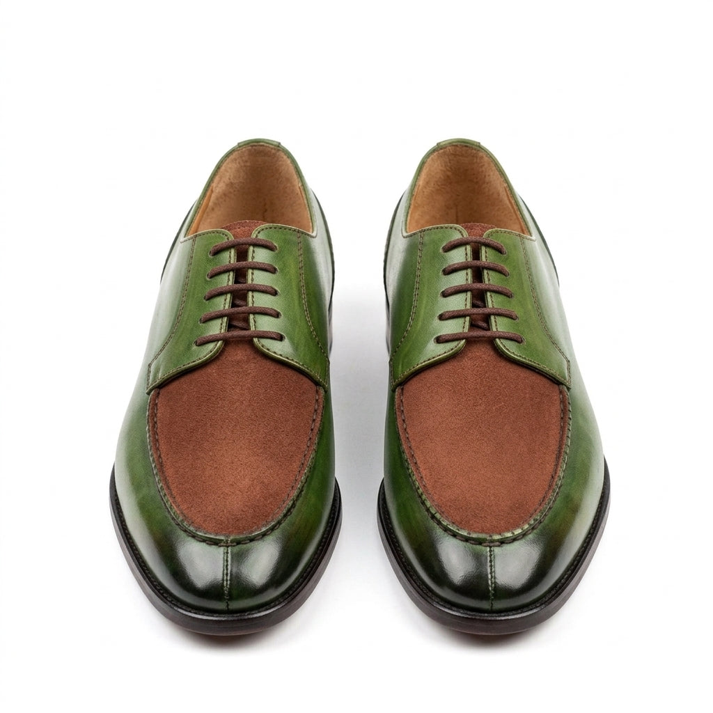 Aurelio Handcrafted Two-Tone Leather & Suede Split-Toe Derby | Men’s Luxury Green & Brown Dress Shoe