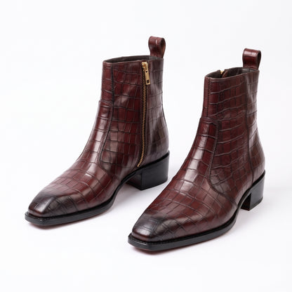 Aurelio Men's Burgundy Crocodile Leather Cuban Heel Dress Boots