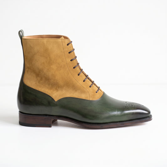 Aurelio Men’s Olive Green Calfskin Leather & Suede Balmoral Dress Boots