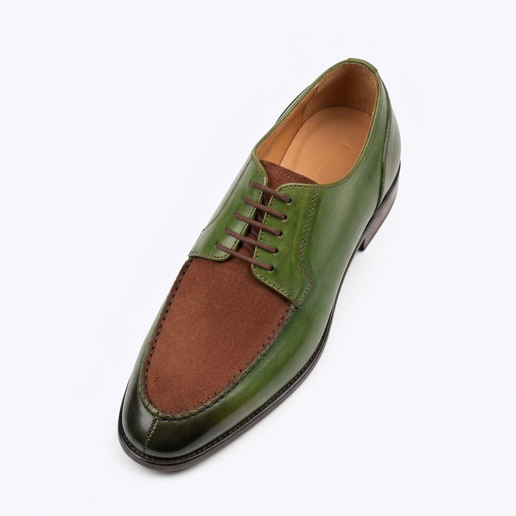 Aurelio Handcrafted Two-Tone Leather & Suede Split-Toe Derby | Men’s Luxury Green & Brown Dress Shoe