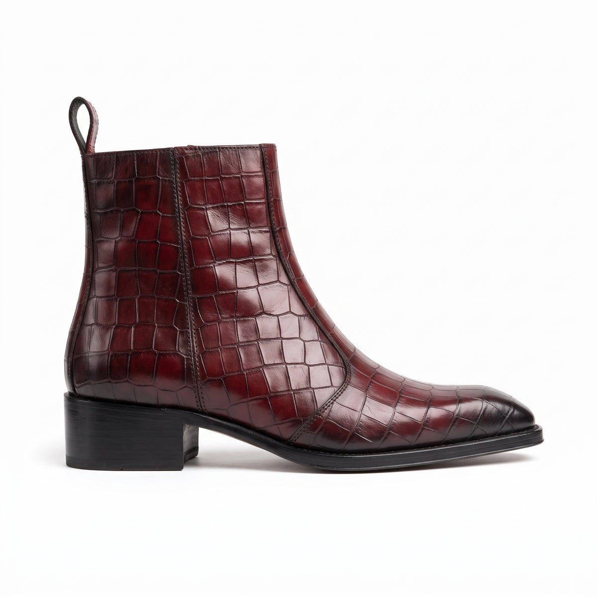 Aurelio Men's Burgundy Crocodile Leather Cuban Heel Dress Boots