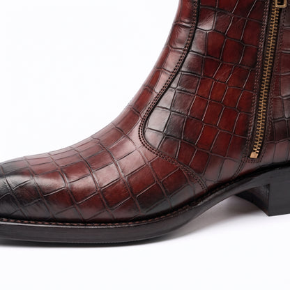Aurelio Men's Burgundy Crocodile Leather Cuban Heel Dress Boots