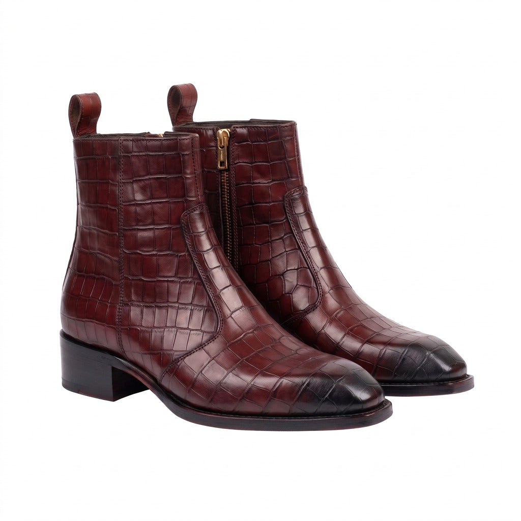 Aurelio Men's Burgundy Crocodile Leather Cuban Heel Dress Boots