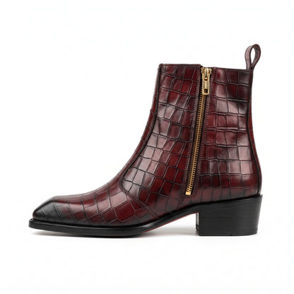 Aurelio Men's Burgundy Crocodile Leather Cuban Heel Dress Boots