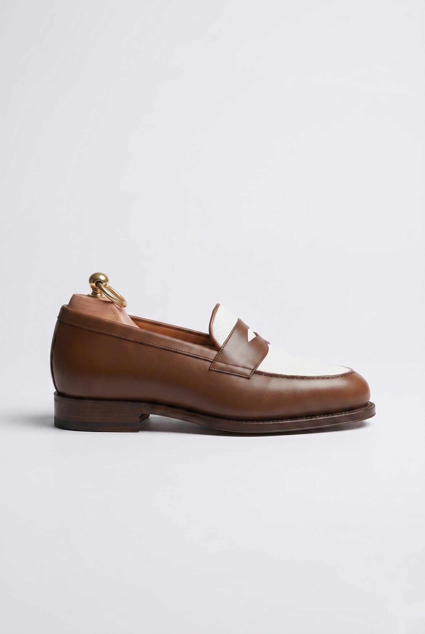 The Venice Two-Tone Penny Loafers in Chestnut Brown & Cream