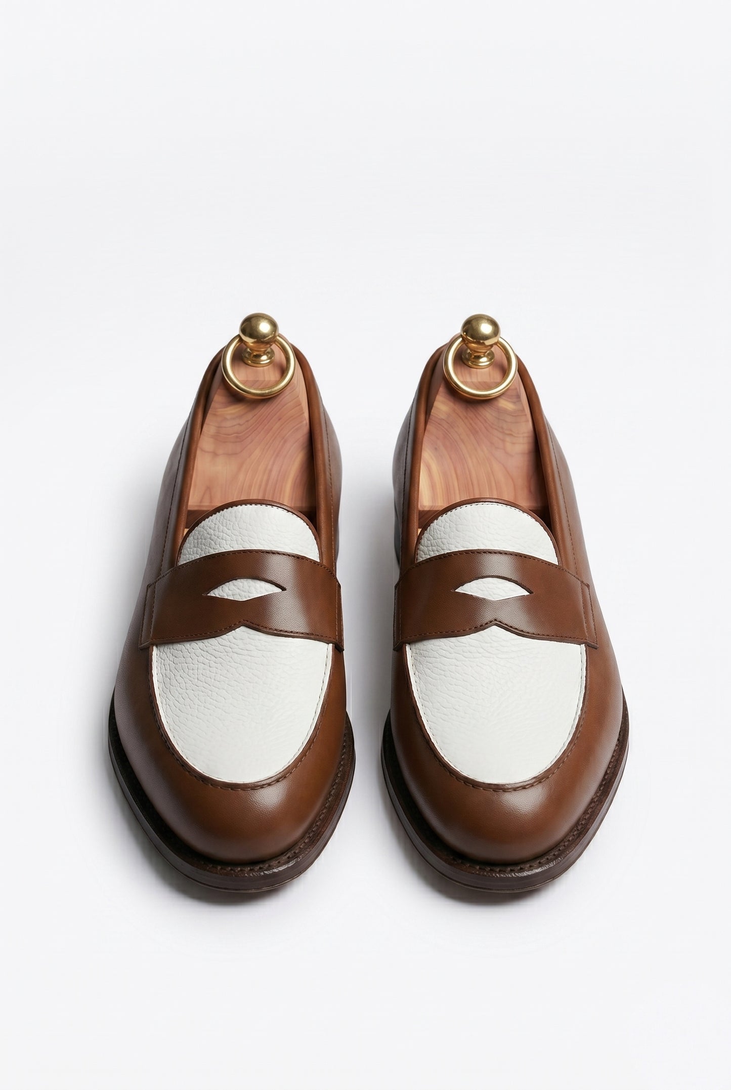 The Venice Two-Tone Penny Loafers in Chestnut Brown & Cream
