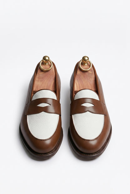 The Venice Two-Tone Penny Loafers in Chestnut Brown & Cream