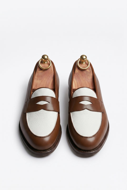 The Venice Two-Tone Penny Loafers in Chestnut Brown & Cream