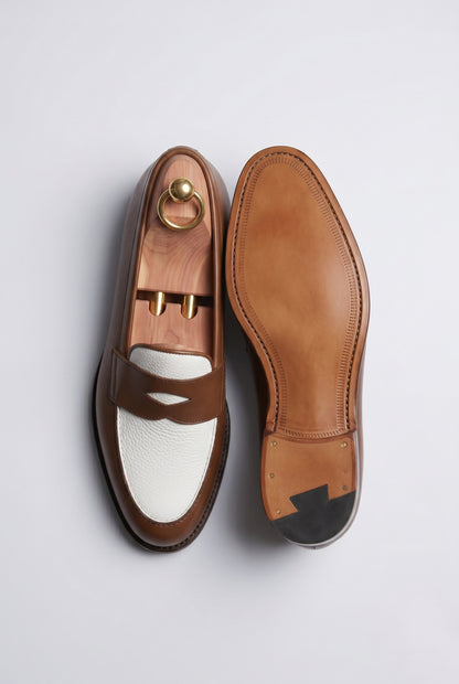 The Venice Two-Tone Penny Loafers in Chestnut Brown & Cream