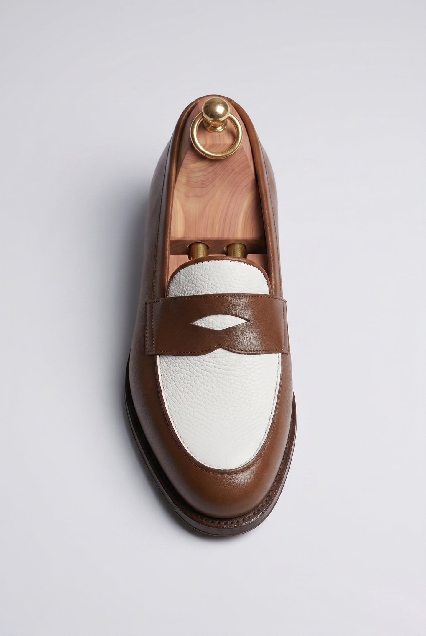 The Venice Two-Tone Penny Loafers in Chestnut Brown & Cream