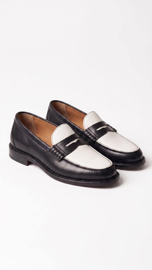 The Venice Two-Tone Penny Loafers in Noir Black & Ivory