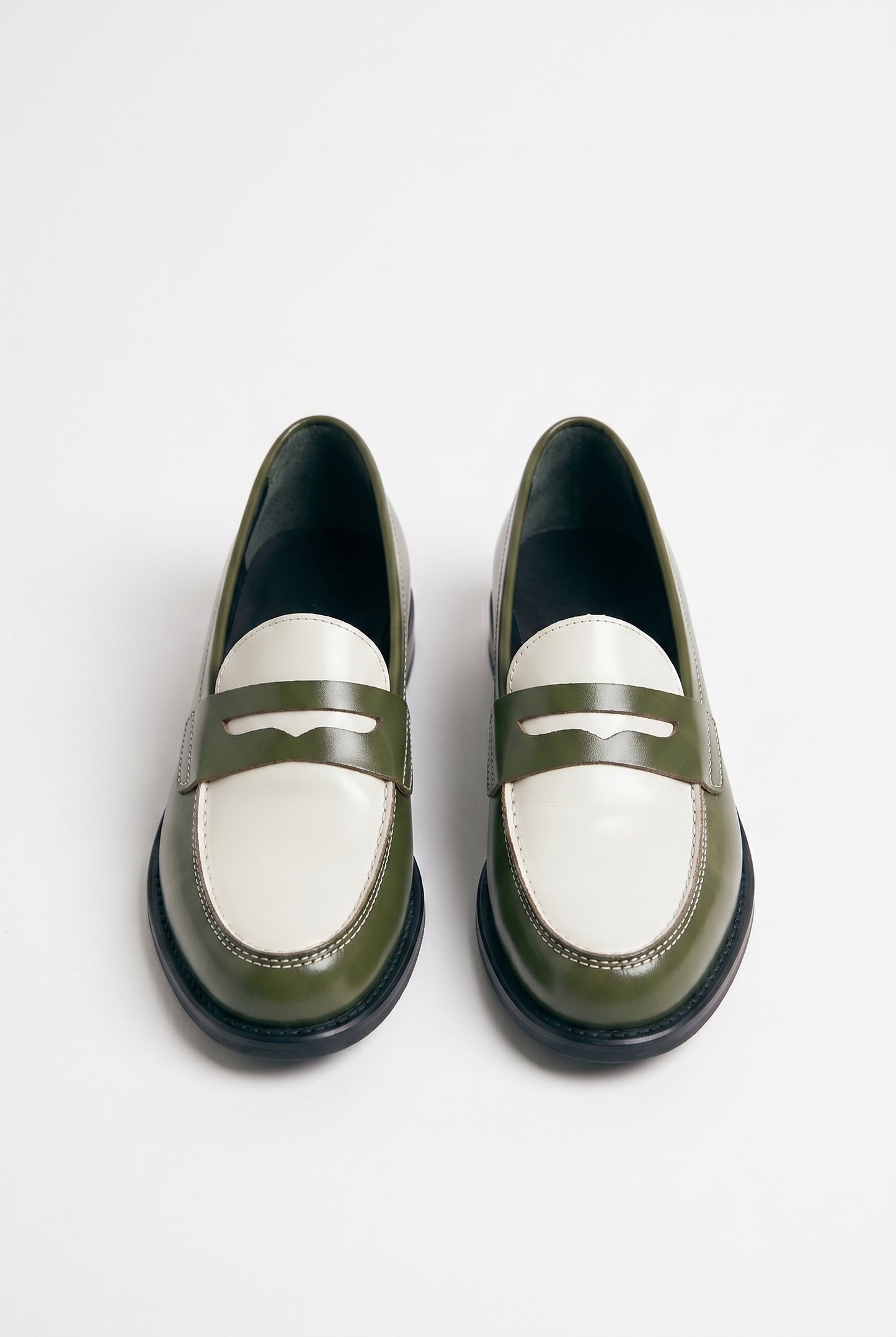 The Venice Two-Tone Penny Loafers in Olive Green & Alabaster
