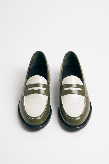 The Venice Two-Tone Penny Loafers in Olive Green & Alabaster