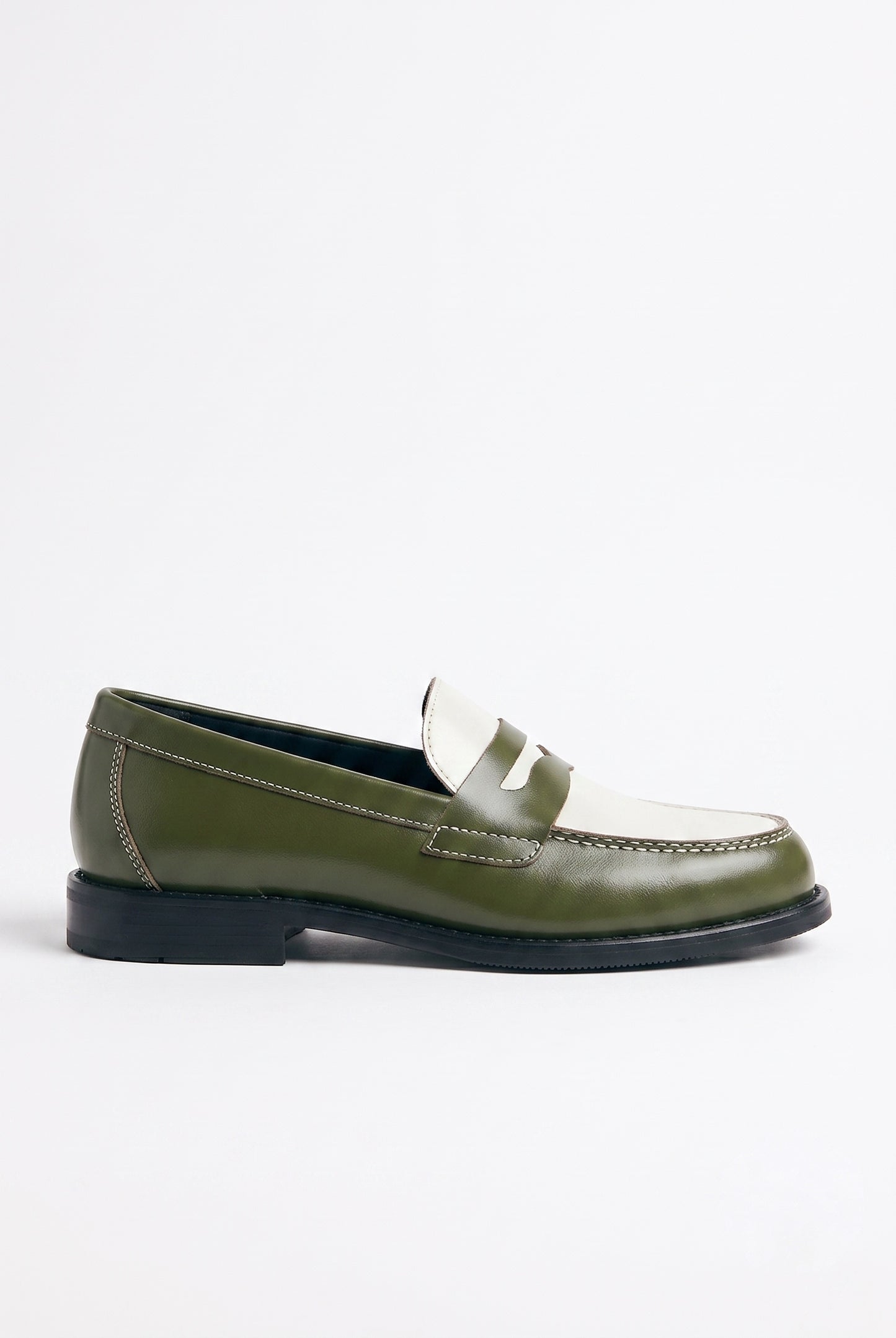 The Venice Two-Tone Penny Loafers in Olive Green & Alabaster