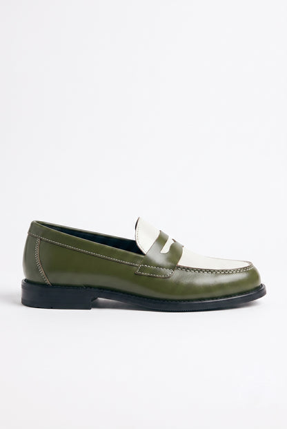 The Venice Two-Tone Penny Loafers in Olive Green & Alabaster