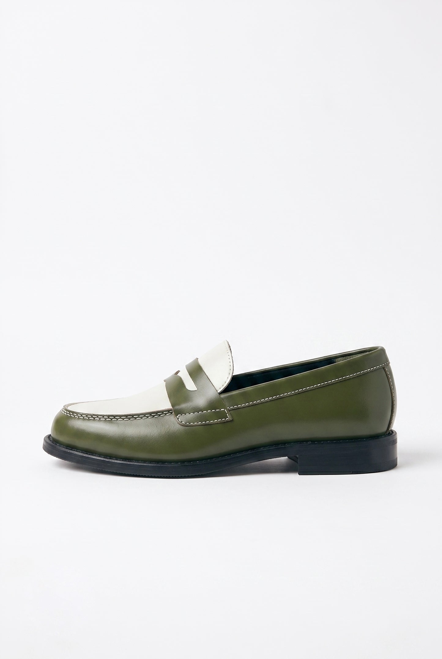The Venice Two-Tone Penny Loafers in Olive Green & Alabaster