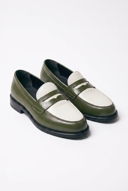The Venice Two-Tone Penny Loafers in Olive Green & Alabaster
