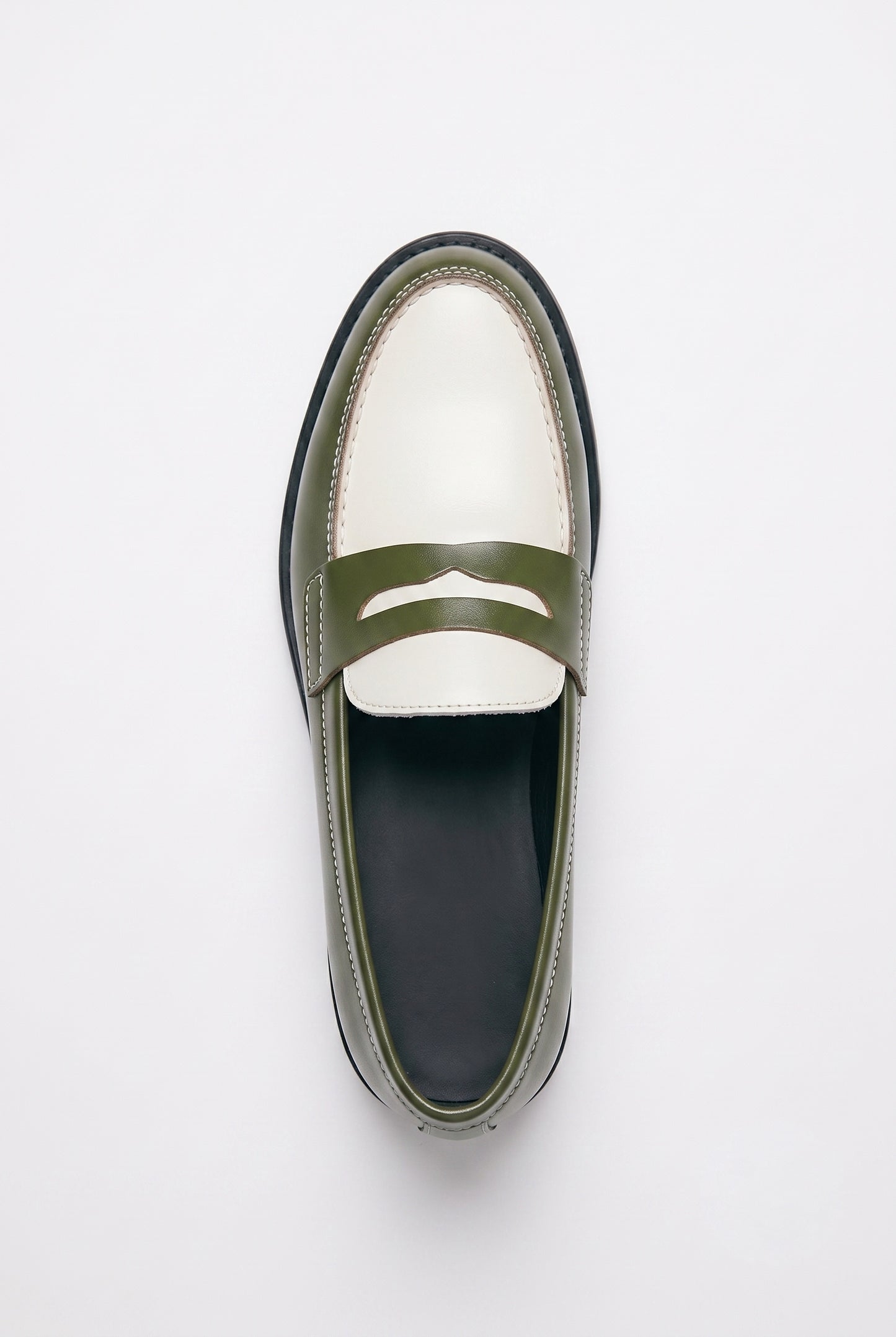 The Venice Two-Tone Penny Loafers in Olive Green & Alabaster