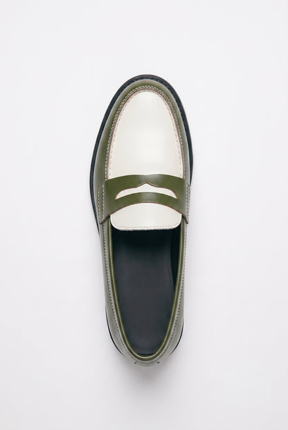 The Venice Two-Tone Penny Loafers in Olive Green & Alabaster