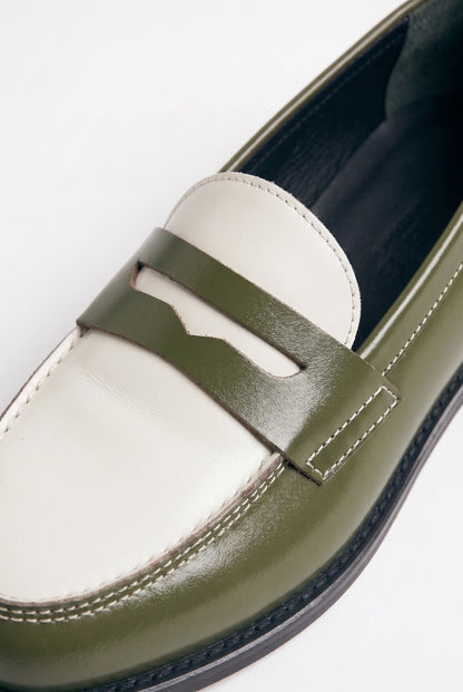 The Venice Two-Tone Penny Loafers in Olive Green & Alabaster