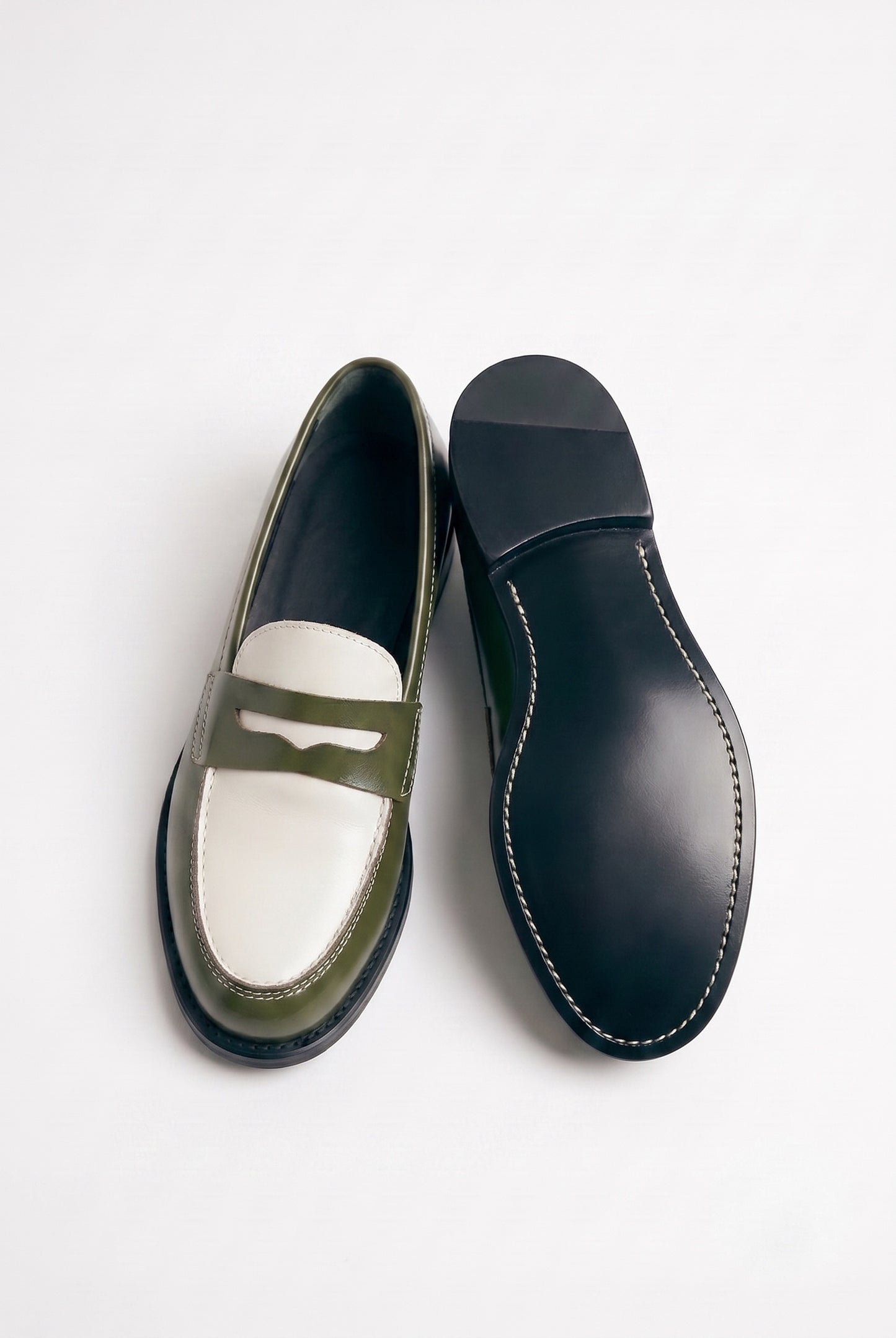 The Venice Two-Tone Penny Loafers in Olive Green & Alabaster