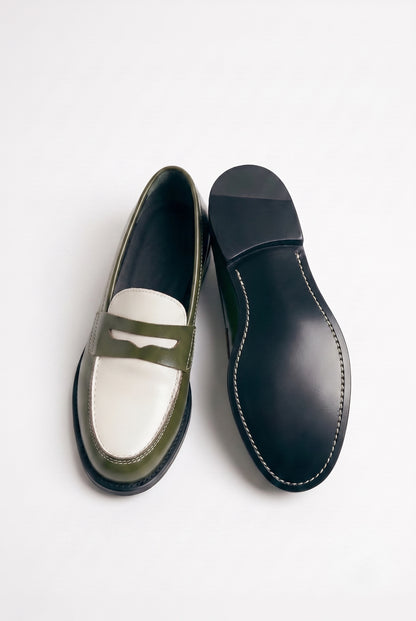 The Venice Two-Tone Penny Loafers in Olive Green & Alabaster