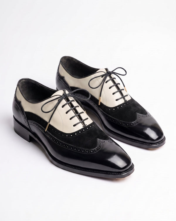 Aurelio Men's Leather and Suede Black and Cream Wingtip Spectator Oxford