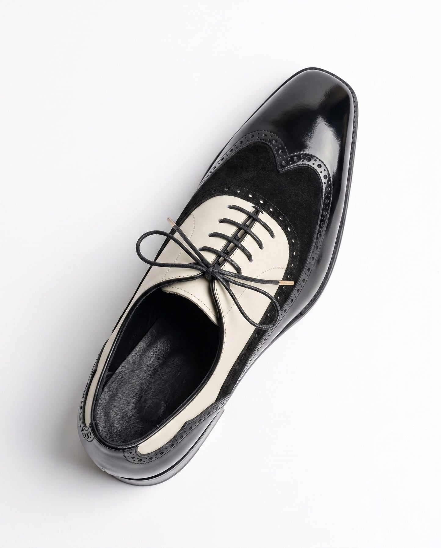Aurelio Men's Leather and Suede Black and Cream Wingtip Spectator Oxford