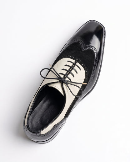 Aurelio Men's Leather and Suede Black and Cream Wingtip Spectator Oxford