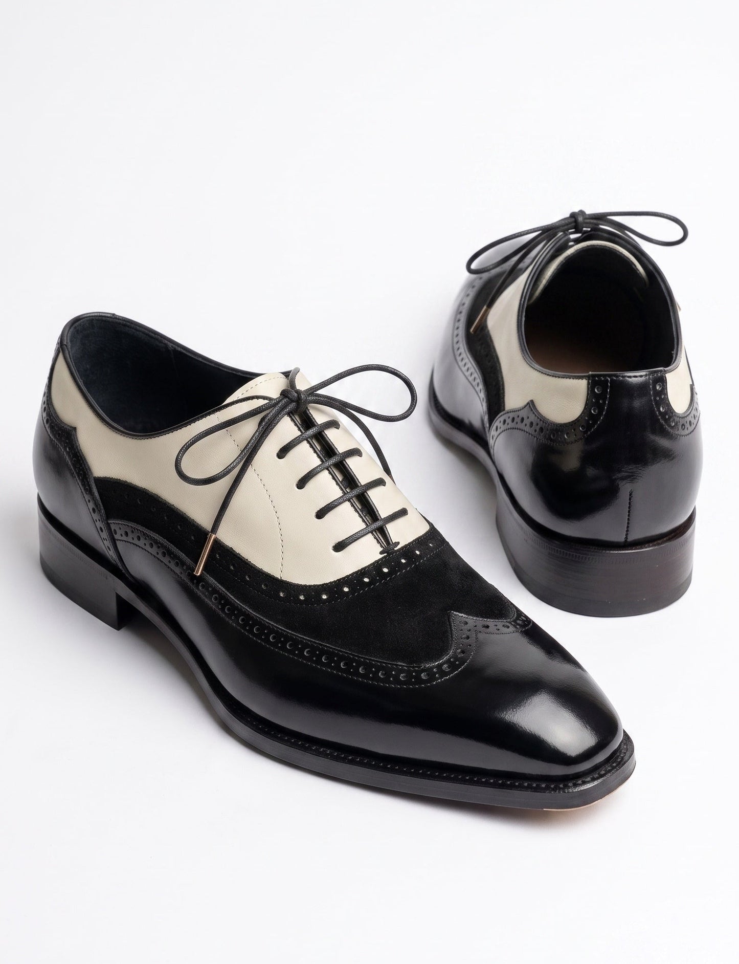Aurelio Men's Leather and Suede Black and Cream Wingtip Spectator Oxford
