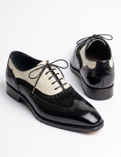Aurelio Men's Leather and Suede Black and Cream Wingtip Spectator Oxford