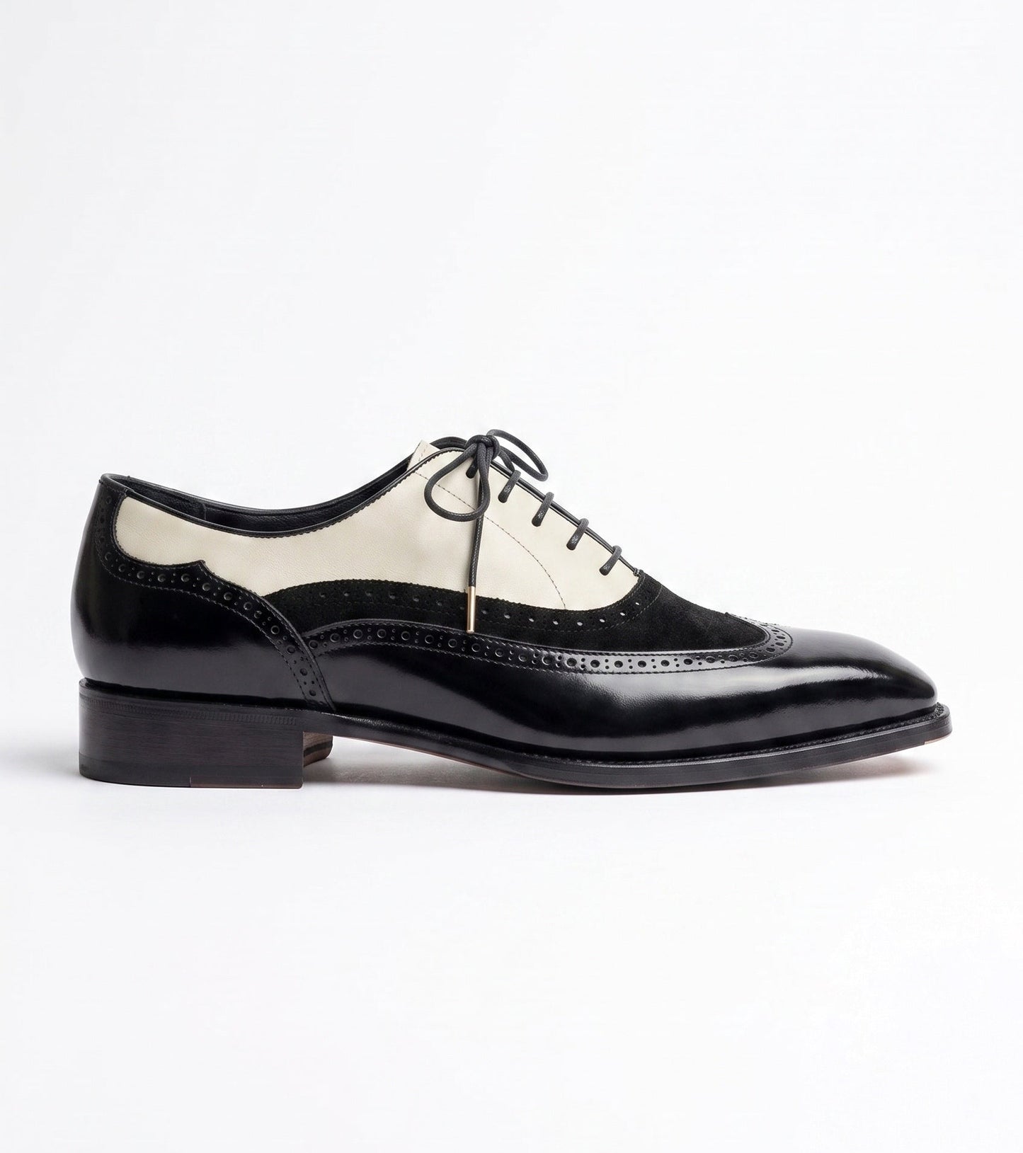 Aurelio Men's Leather and Suede Black and Cream Wingtip Spectator Oxford