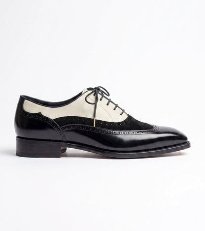 Aurelio Men's Leather and Suede Black and Cream Wingtip Spectator Oxford