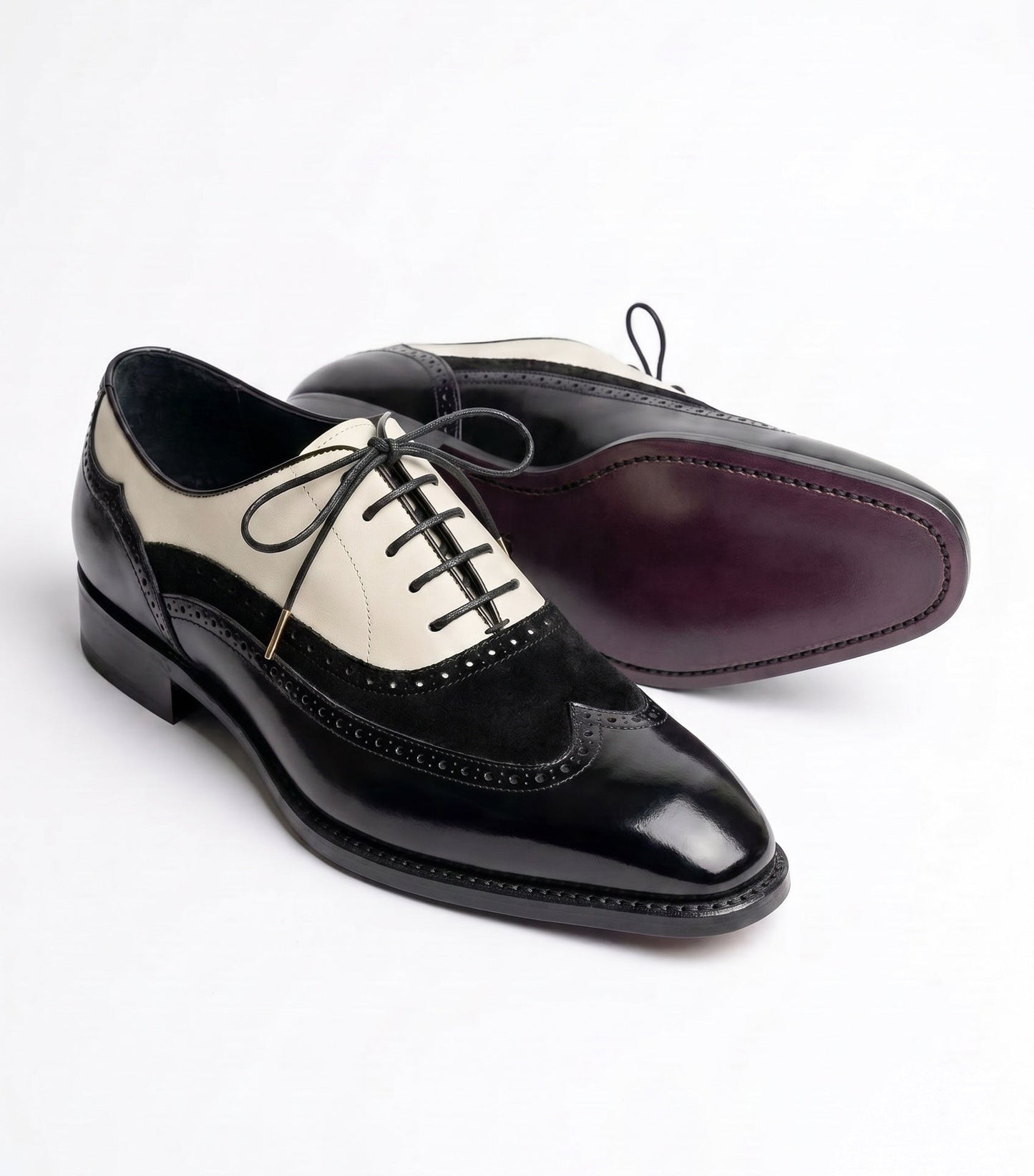 Aurelio Men's Leather and Suede Black and Cream Wingtip Spectator Oxford